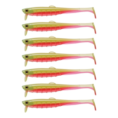 Soft Fishing Lure Green Pink Two-tone Pvc T-tailed Swimbaits 3.5 Inch 0.1 Oz 7 Pack Bionic Soft Bait for Freshwater Saltwater Bass Trout Salmon Fishing