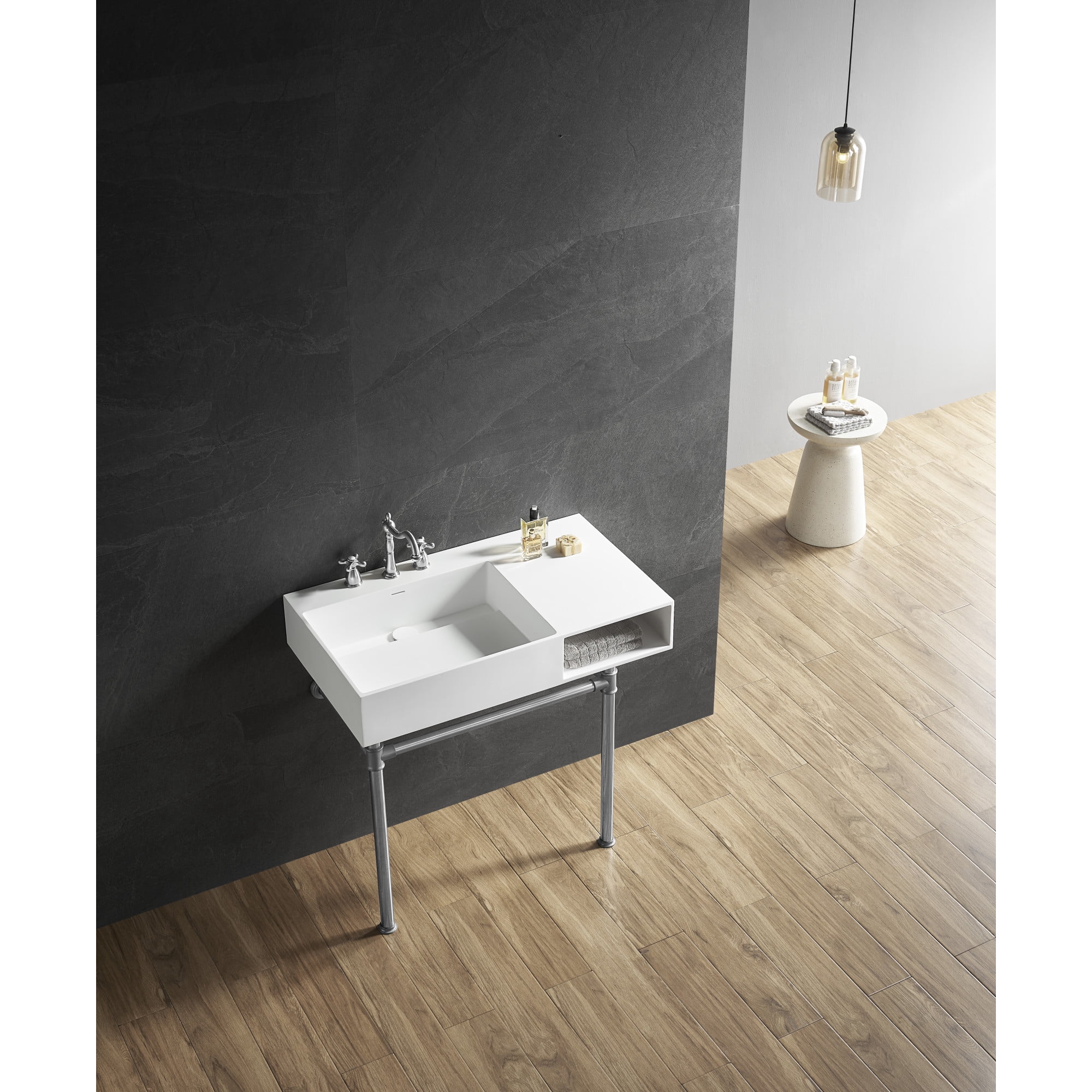 Kingston Brass KVPB3368SQA1 Aurelius 36-Inch Solid Surface Console Sink with Stainless Steel Legs (8-Inch, 3-Hole) in Matte White/Polished Chrome