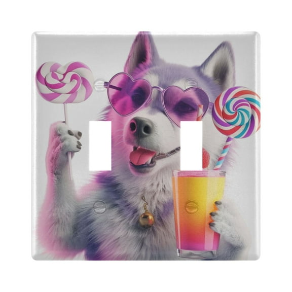 2 Gang Light Switch Cover Plate Dog with Glasses Drink Wall Plate Decorate Electrical Outlet Cover Plates 4.56”x4.48”