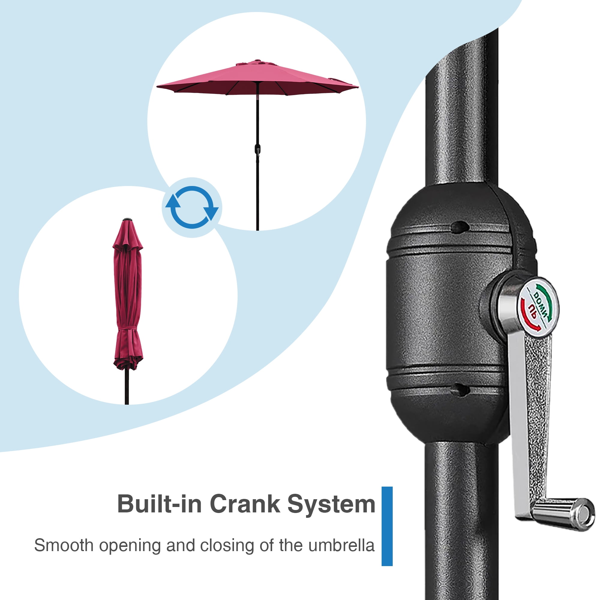 Abble Outdoor 9ft Patio Umbrella with Crank Handle and Push Button Tilt, Outdoor Market Umbrella with 8 Ribs for Garden, Deck, Backyard, Pool, Burgundy