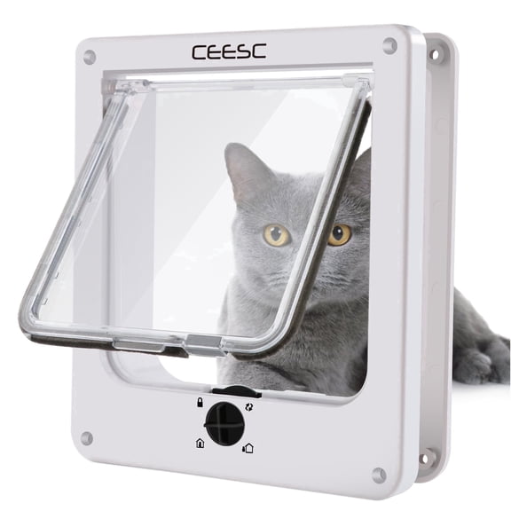 CEESC Medium Cat Door for Interior/Exterior Door, Weatherproof, White, Rotary 4 Way Locking Pet Door for Cats and Dogs with Circumference Under 15.75", Upgraded Version