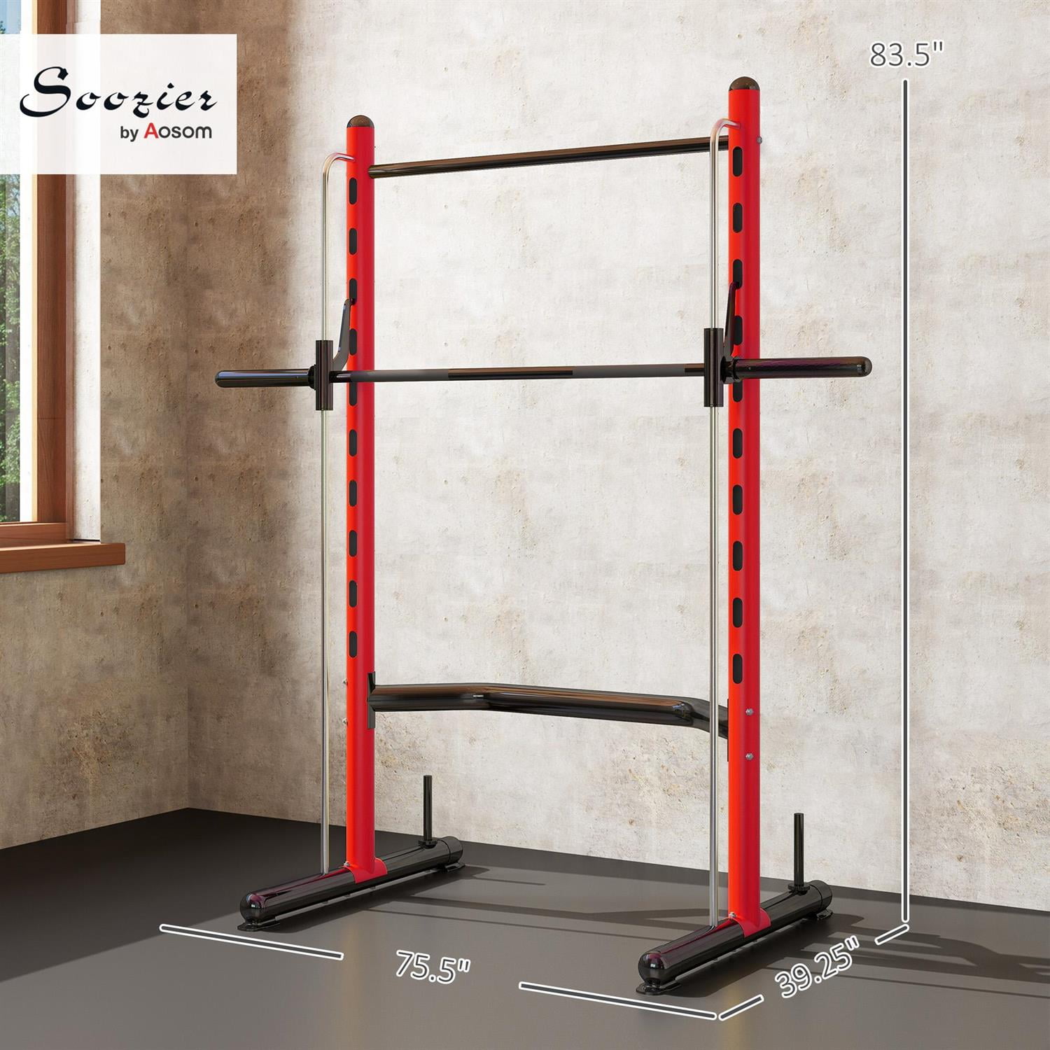 Demifill Multi-Function Weight Lifting Half Rack - Red, Squat Rack with Pull-Up Bar & Barbell, Adjustable Bench Press Compatible