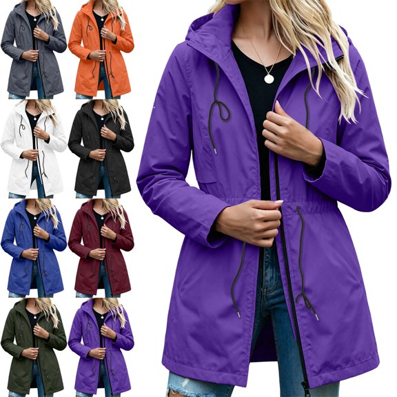 Womens Raincoat Autumn Long Hooded Drawstring Waist Waterproof Pockets Raincoat