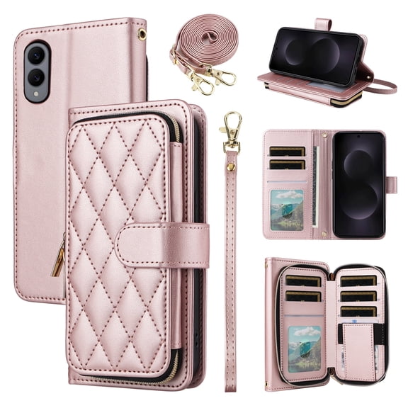 Furiet Argyle Wallet Case for Samsung Galaxy S25 Edge 5G with Wrist Strap Shoulder Strap, Card Slots Zipper Purse Luxury PU Leather Stand Phone Cover for S25Edge 25S S 25 25Edge 6.66 2025 Rose Gold