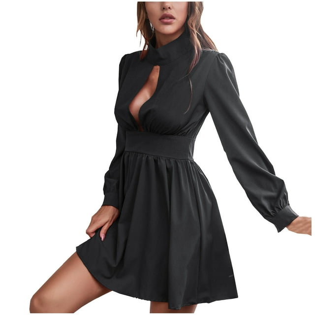cfhntfmh Robes de Soirée pour Femmes Mode Découpes Col Montant Robe Mini Ample Manches Longues Plissée Robe de Boîte de Nuit