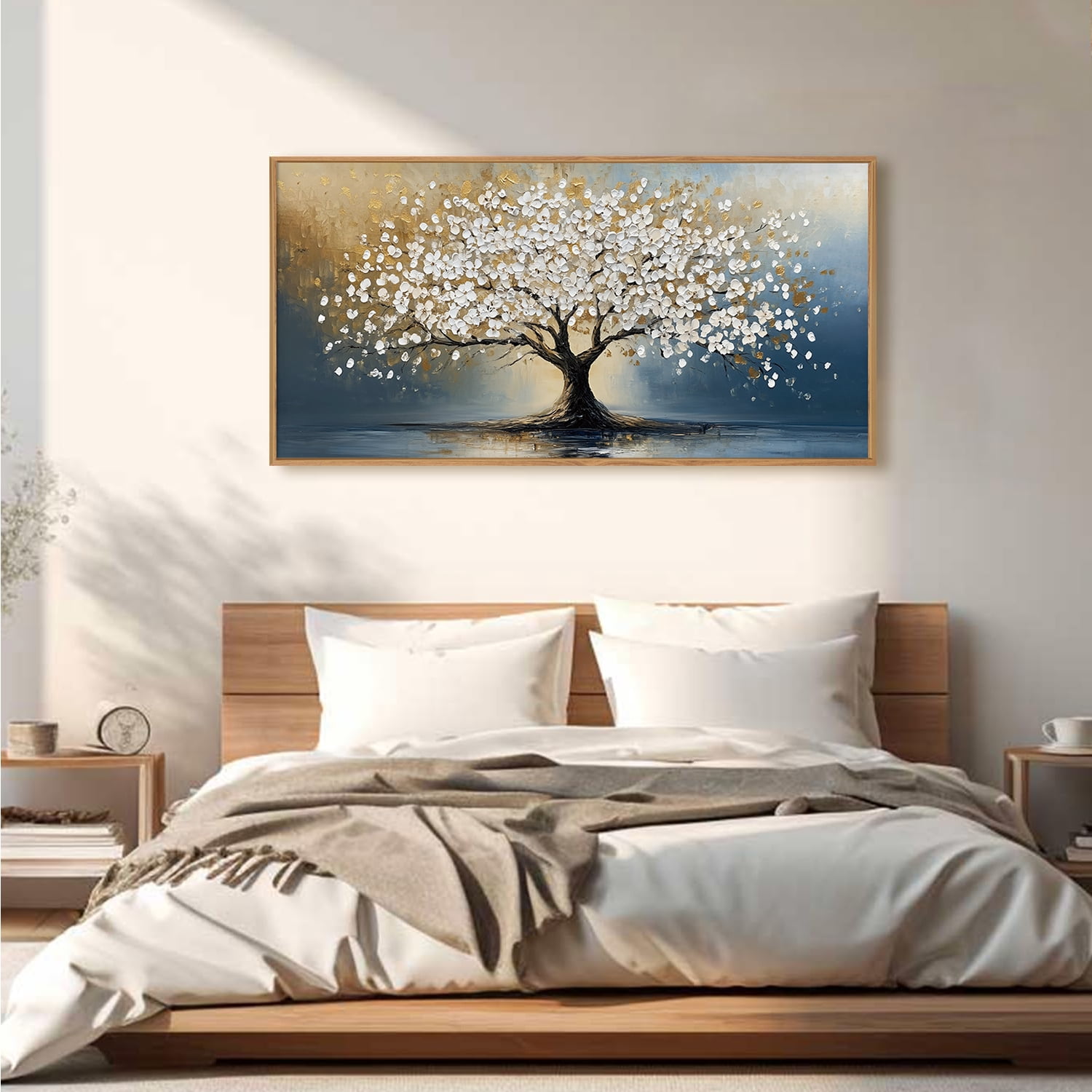 TOARTi Tree of Life Canvas Wall Art White and Gold Leaf Framed Painting Modern Abstract Big Tree Prints for Living Room Bedroom Office 20x40 Inch