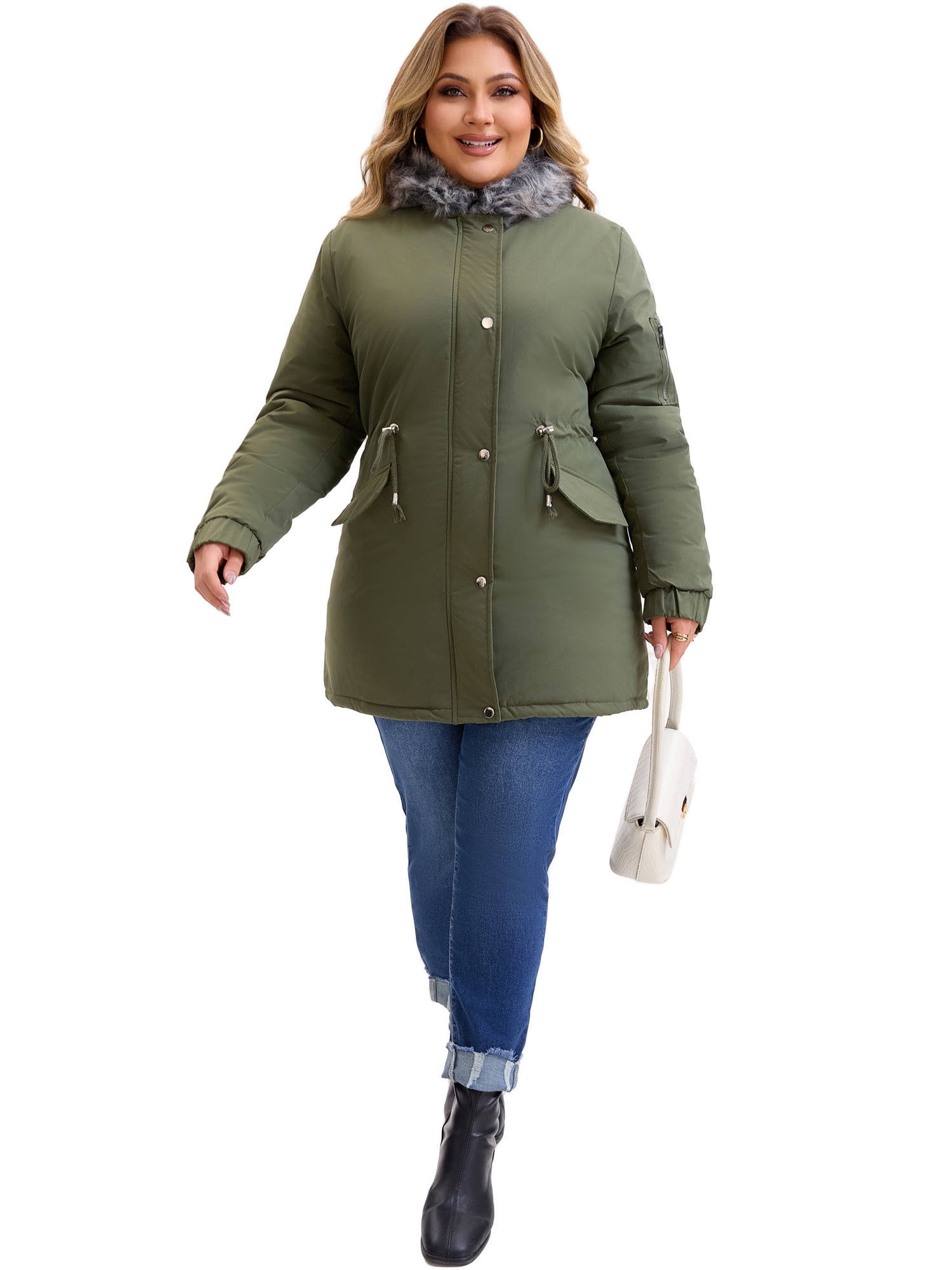 DARING DIVA Women's Plus Parka Jacket Fleece Lined Zipper Coat Army Green 4X