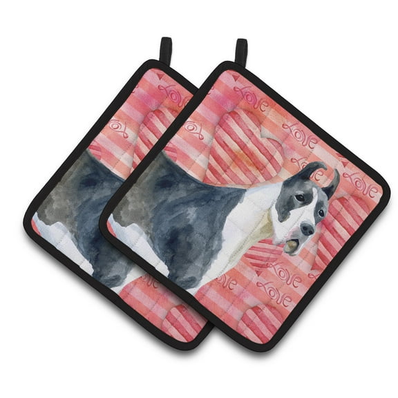 Caroline's Treasures Harlequin Great Dane Love Pair of Pot Holders