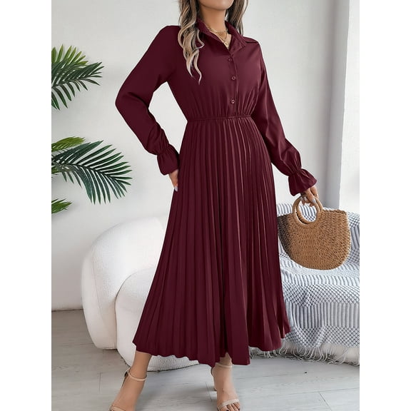Women Casual Solid Color Turn-Down Collar Long Dresses Button Flare Sleeves Hundred Pleats Dress