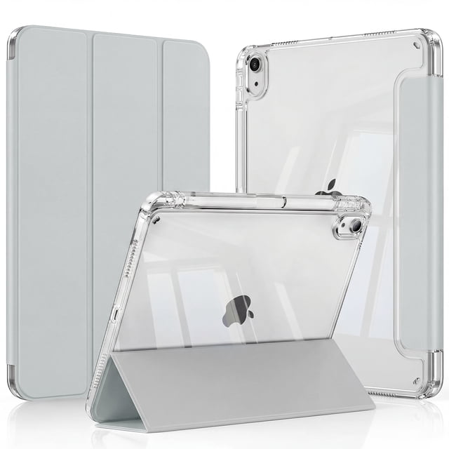 Funda para iPad 10ª Gen 10.9” con Porta Lápiz (Parte Trasera Rígida Transparente, Color Gris, con Stickers)
