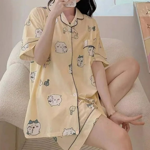 Cute Anime Chiikawa Pajamas Suit Kawaii Hachiware Summer Women Short Sleeve Pants Cartoon Sleepwear