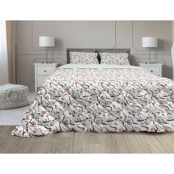 Abstract Comforter & Sham Bedding Set, Floral Interpretation of Watercolor Inspired Splashes Pattern Spots Streaks, 3 pcs Duvet Set Microfiber Filling Quilt, 5 Sizes, Multicolor, by Ambesonne