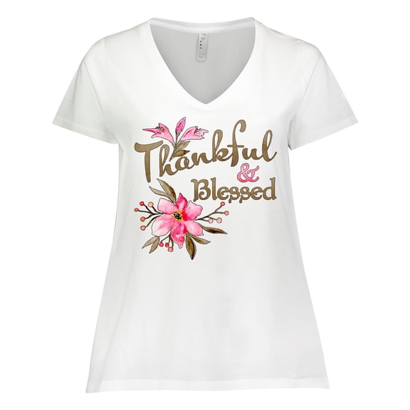 Inktastic Thankful and Blessed Inspirational Saying with Pink Flowers Women's Plus Size V-Neck T-Shirt