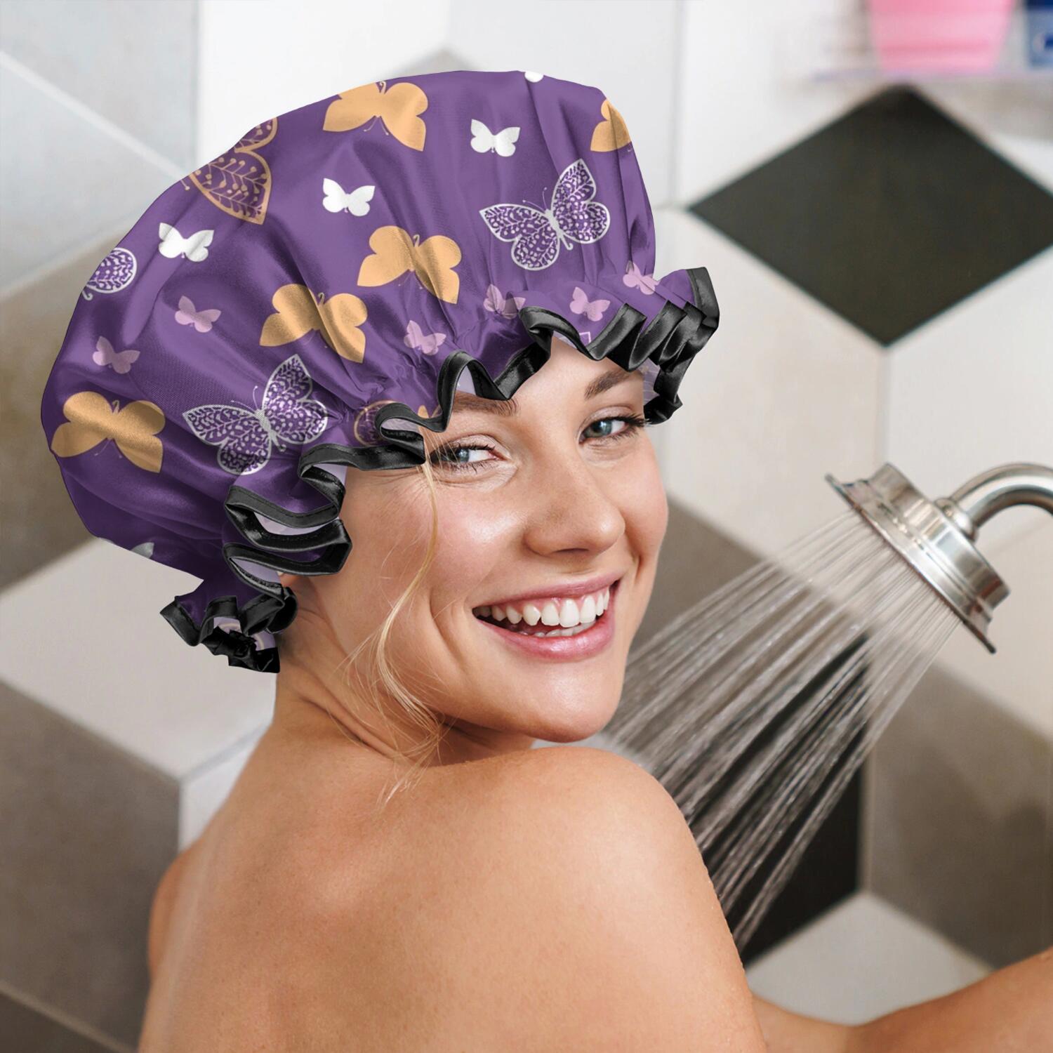 Shower Caps,Purple Orange White Butterfly Pattern Waterproof Shower Cap for Women 4 Pieces,Double Reusable Hair Cover for Shower PEVA Elastic Stretch Hem