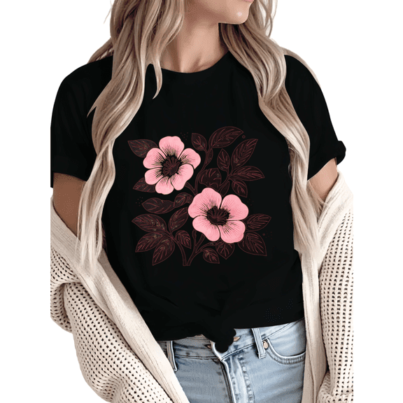 Giffimy Women's Minimalist Pink Floral With Leaves Graphic Short Sleeve T-Shirt Comfortable Casual Crewneck Top
