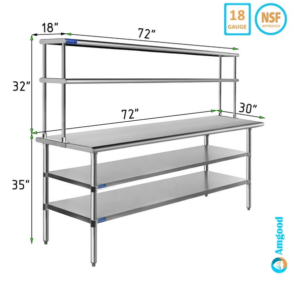 30" x 72" Stainless Steel Work Table With Two Shelves | 18" Wide Double Tier Overshelf | Metal Kitchen Prep Table & Shelving Combo