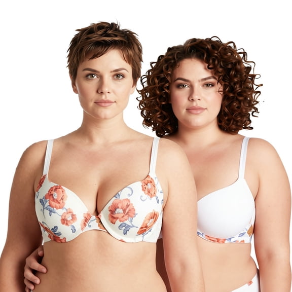 Curve Muse Women's Plus Size Perfect Shape Add 1 Cup Push Up Underwire Bras-2PK-CREAM PRINT,CREAM-32B