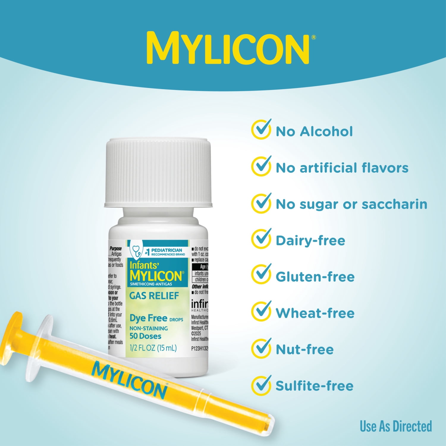 (3 pack) Infants' Mylicon Gas Relief Drops & Syringe, Dye Free, 0.5 fl oz
