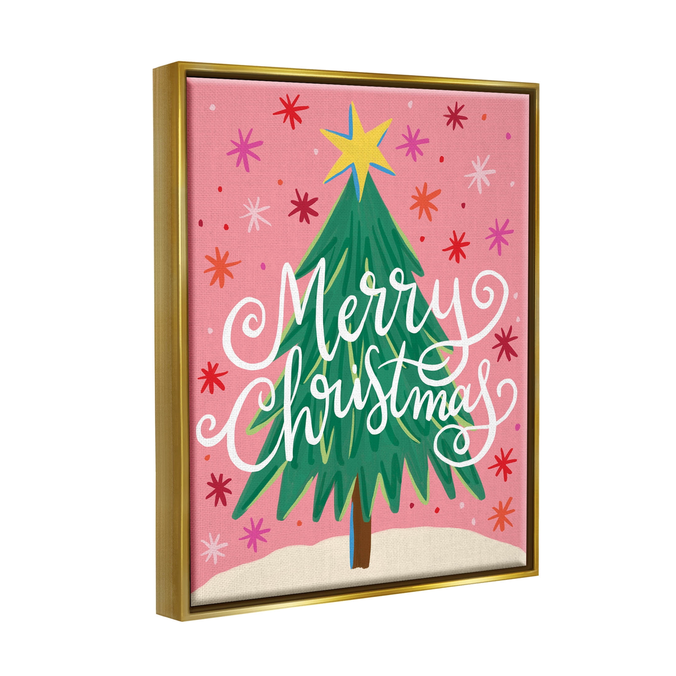 Merry Christmas Pink Starry Pattern Holiday Graphic Art Metallic Gold Framed Art Print Wall Art