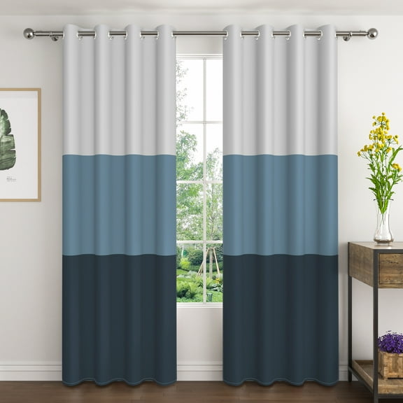 Lfeey Navy Blue Striped Curtains, Color Blocked Room Darkening Curtains 63 inch Long, Set of 2