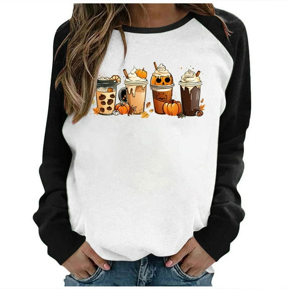 Raeneomay Long Sleeve Shirts for Women Halloween Printed Colour Matching Round Neck Casual Tee Tops