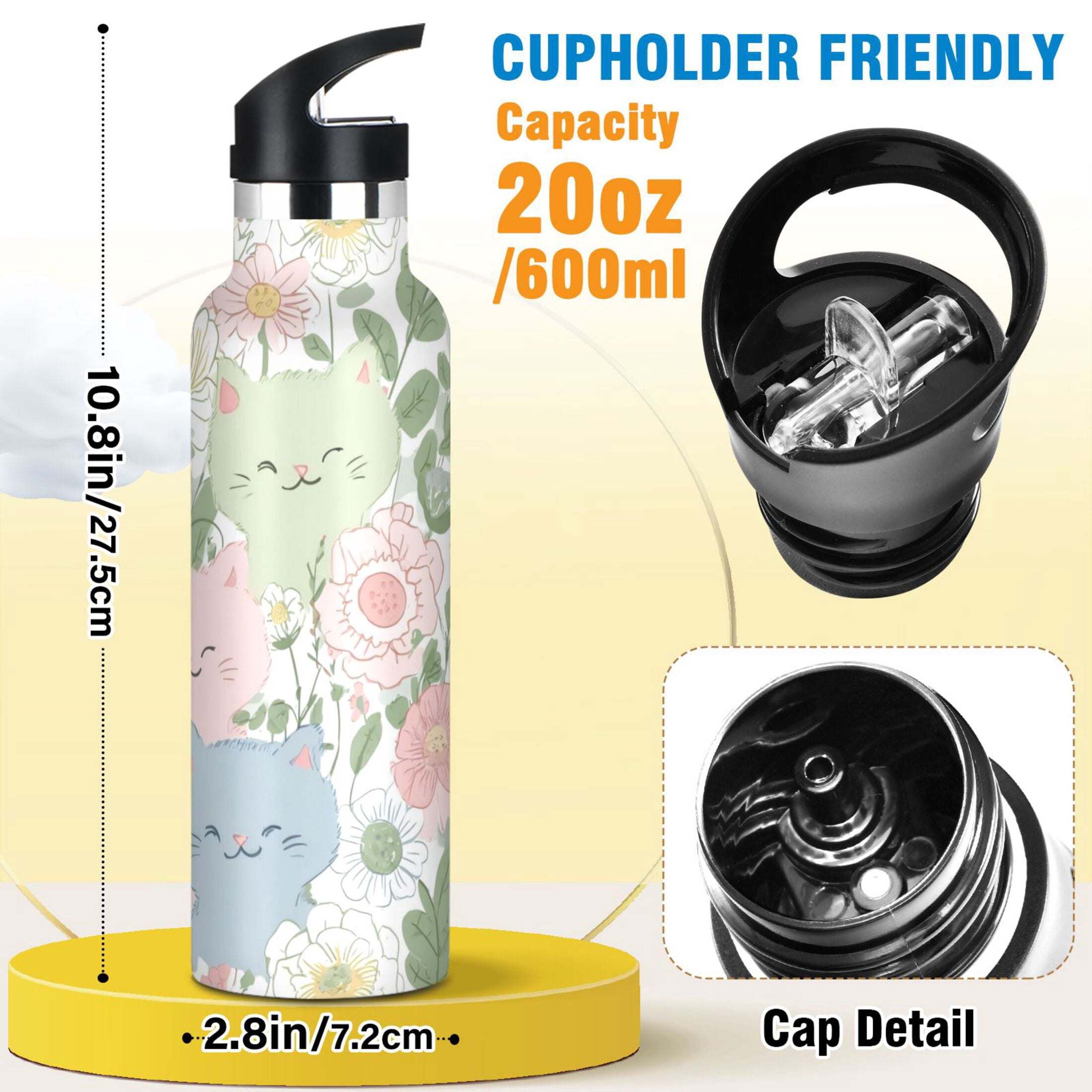 Kids Insulated Stainless Steel Sports Water Bottle 600ml (20oz) Pastel-colored Cats and Flowers