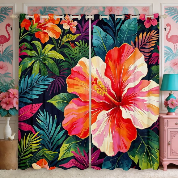 Manfei Boho Flowers Blackout Curtains,Hawaiian Tropical Botanical Window Curtains Pack of 2 (38x45 Each)