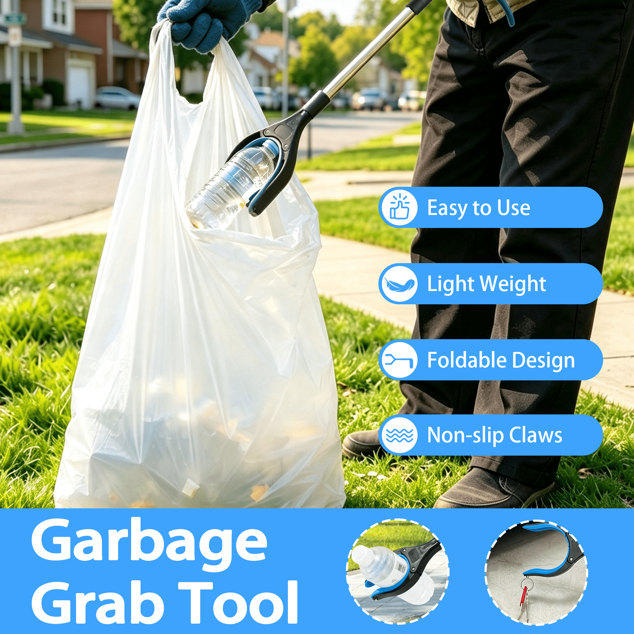 2 Pack Foldable Grabber Reacher Tool, 32.67 Inch Litter Pick Up Tool with 360° Rotating Jaw, Non‑Slip Trash Picker Upper Tool for Outdoor Litter, Hard‑to‑Reach Items