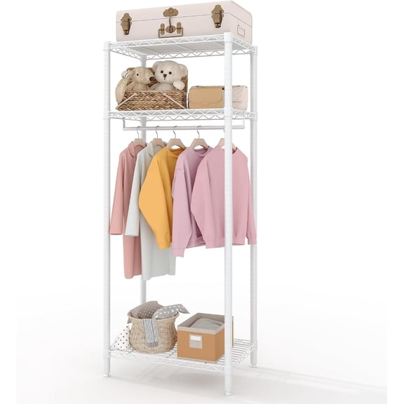 Heavy Duty Freestanding Clothes Rack 3-Tier Metal Garment Rack with Adjustable Shelves and Hanging Rod White