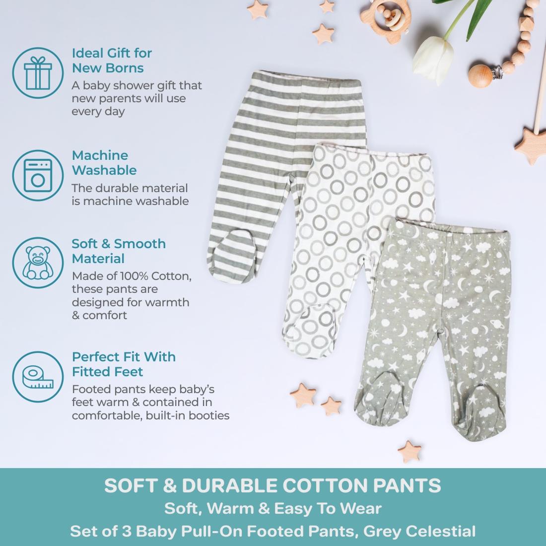 Spasilk Baby Boys' Cotton Pull on Footed Pants, Pack of 3, Gray Celestial - image 5 of 7