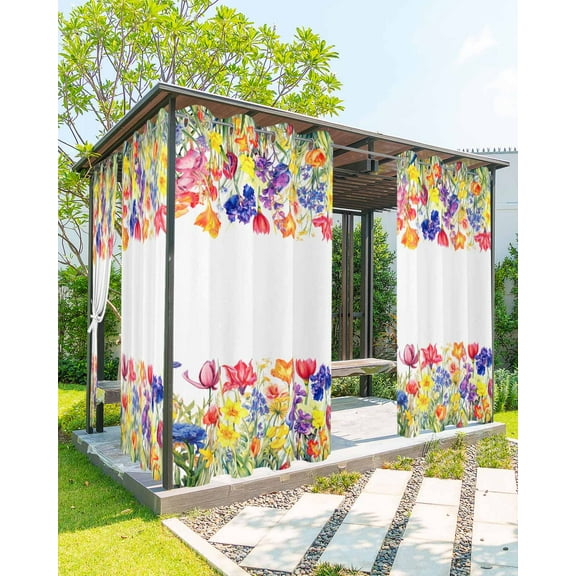 Outdoor Curtains for Patio, Colorful Tulip Waterproof Blackout Outside Curtain for Porch/Pergola, Spring Floral Watercolor Botanical Thermal Insulated Drapes for Cabana, 2 Panels, 54 x 108 Inch