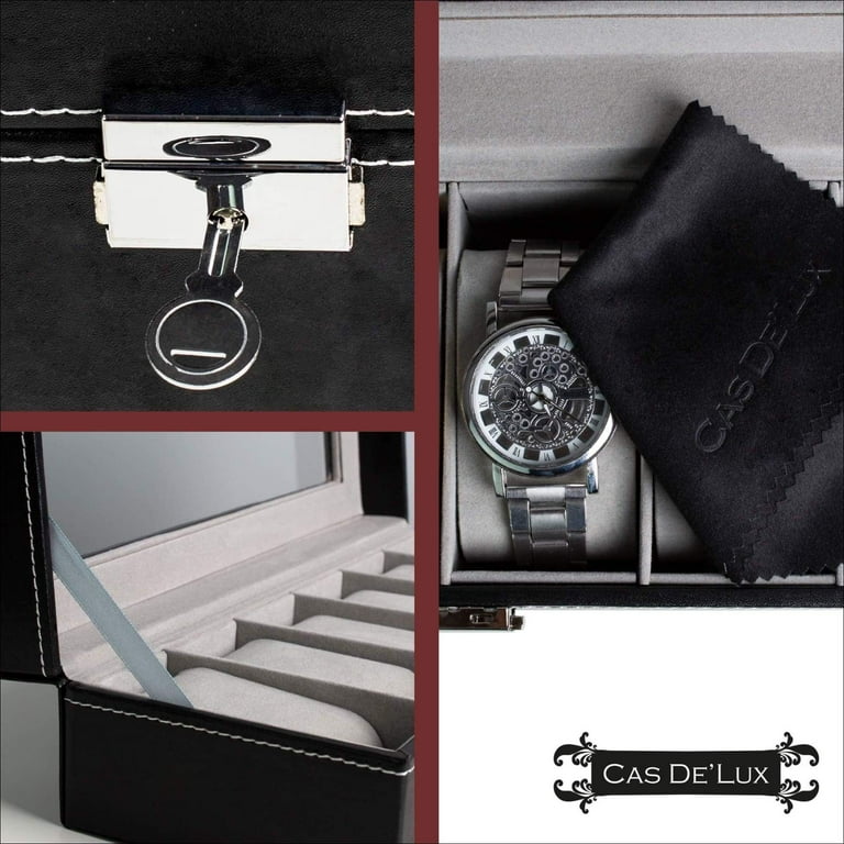 Luxury watch box velvet pillow slots premium display case with framed glass lid hotsell