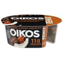 Oikos REMIX Coco Almond Chocolate 11g Protein, Coconut Fat Free Greek Yogurt Cup with Honey Praline Almonds and Dark Chocolate Mix-Ins, 4.5 oz