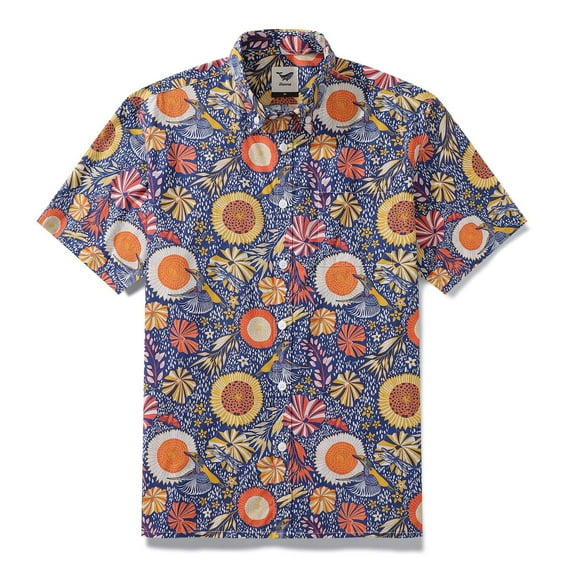 YIUME Men's Hawaiian Shirt 1960s Vintage Kingfisher and Flowers Print Cotton Button-down Short Sleeve Aloha Shirt