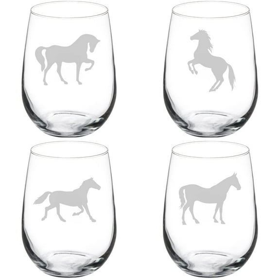 Set of 4 Wine Glass Gift Goblet Horse Collection (17 oz Stemless)
