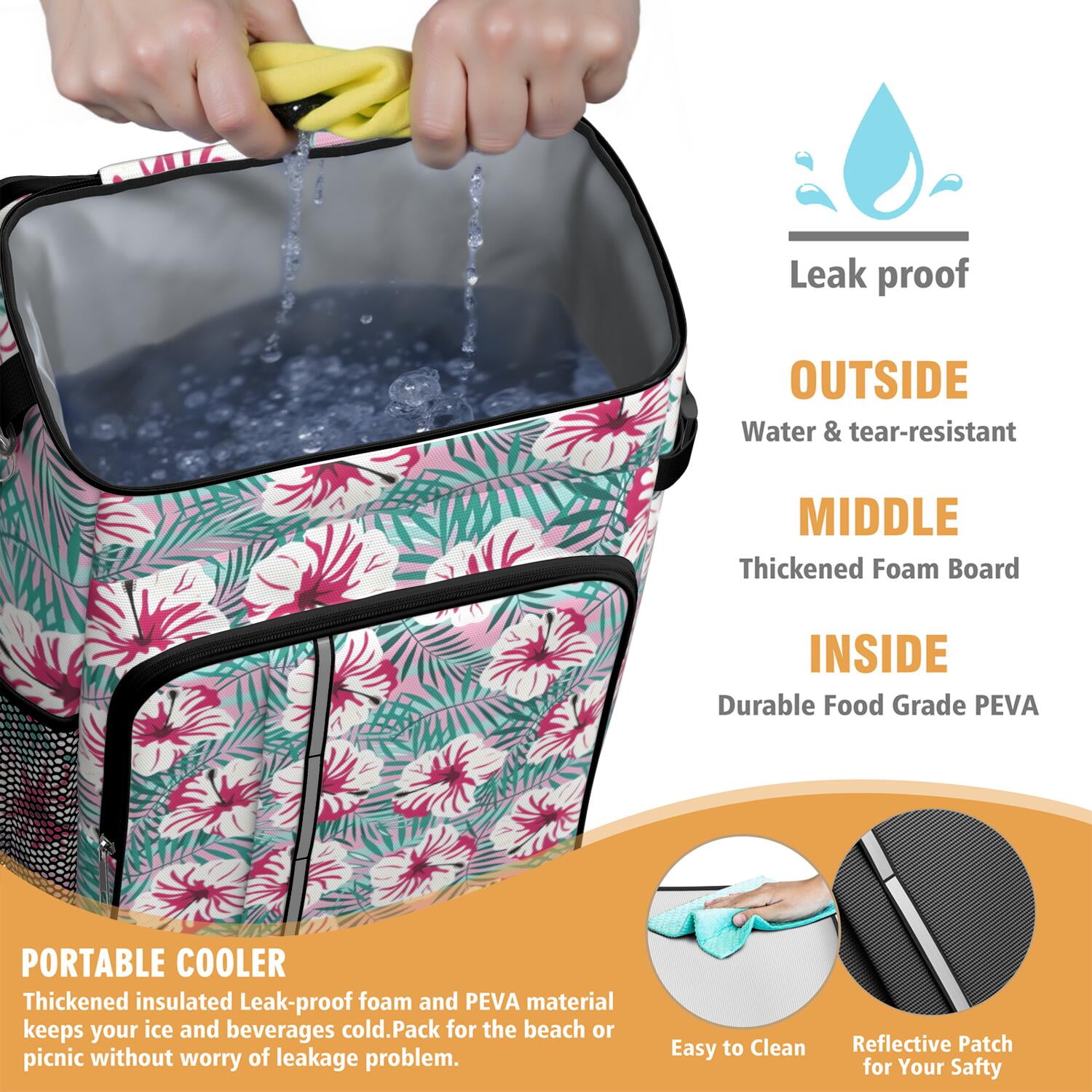 Travel Cooler Bag - Pioneer Flower Floral Print Pattern Camping Beer Cooler Backpack with Bottle Opener- Waterproof Insulated Picnic Backpacks - Cooler Bag for Beach