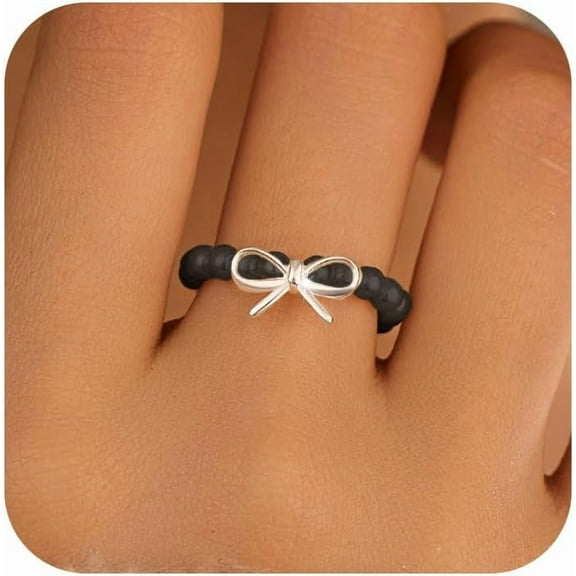 925 Sterling Silver Dainty Bow Knot Bead Ring for Women Mom with Pearl Black Red Agate Cute Jewelry to Daughter Elastic Adjustable Stacking Elegant Trendy Finger White Bow Ring Wedding Christmas Gift