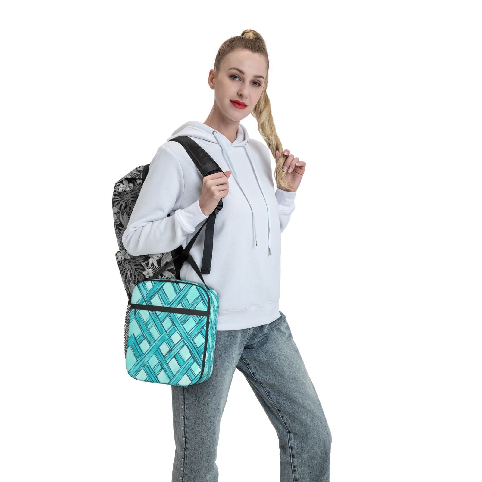 Lunch Bag For Women Men Insulated Portable Lunch Box Bento Box Office Picnic Travel Cooler Bag Turquoise Moroccan Trellis Hand-Drawn Sketch_62922_2