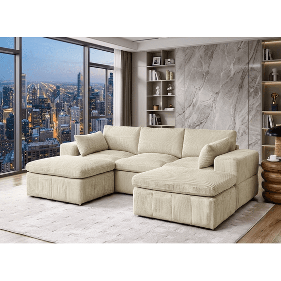 Xiweot Cloud Couch Modular Sectional Sofa with 2 Ottomans, 106" Oversized Deep Seat Sectional Couch with Wide Arms & Throw Pillows, 5 Seat Corduroy Comfy Upholstered Sofa for Living Room (Beige)