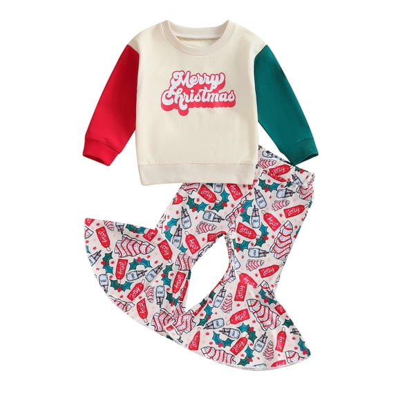 Toddler Baby Girl Clothes 6M 12M 18M 24M 3Y 4Y Santa Baby Crewneck Sweatshirts Ribbed Flare Pants Set Christmas Outfits