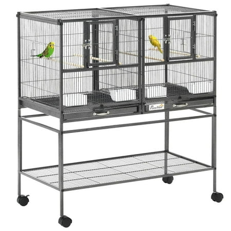 Spaco Divided Breeder Bird Cage with Rolling Stand Removable Metal Tray, Bird Cage with Storage Shelf and Wood Perch, Food Container, Black