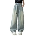 thumbnail image 2 of Frostluinai Wide Leg Jeans for Girl 5-15 Years Stars Embroidery Y2K Jenas Elastic High Waist Straight Leg Denim Pants with Pockets, 2 of 9