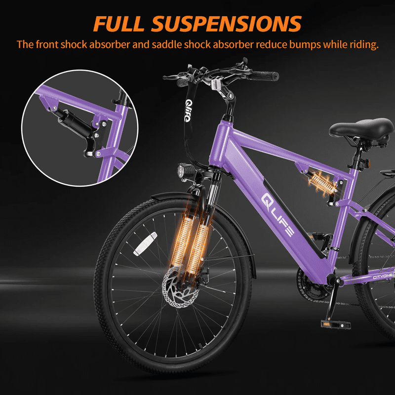 Qlife Cityone SO Electric Bike for Adults 26" Ebike,Full Suspension Peak 1200W Motor Ebikes with 21 Speed Carbon Steel Mountain Bicycle Purple