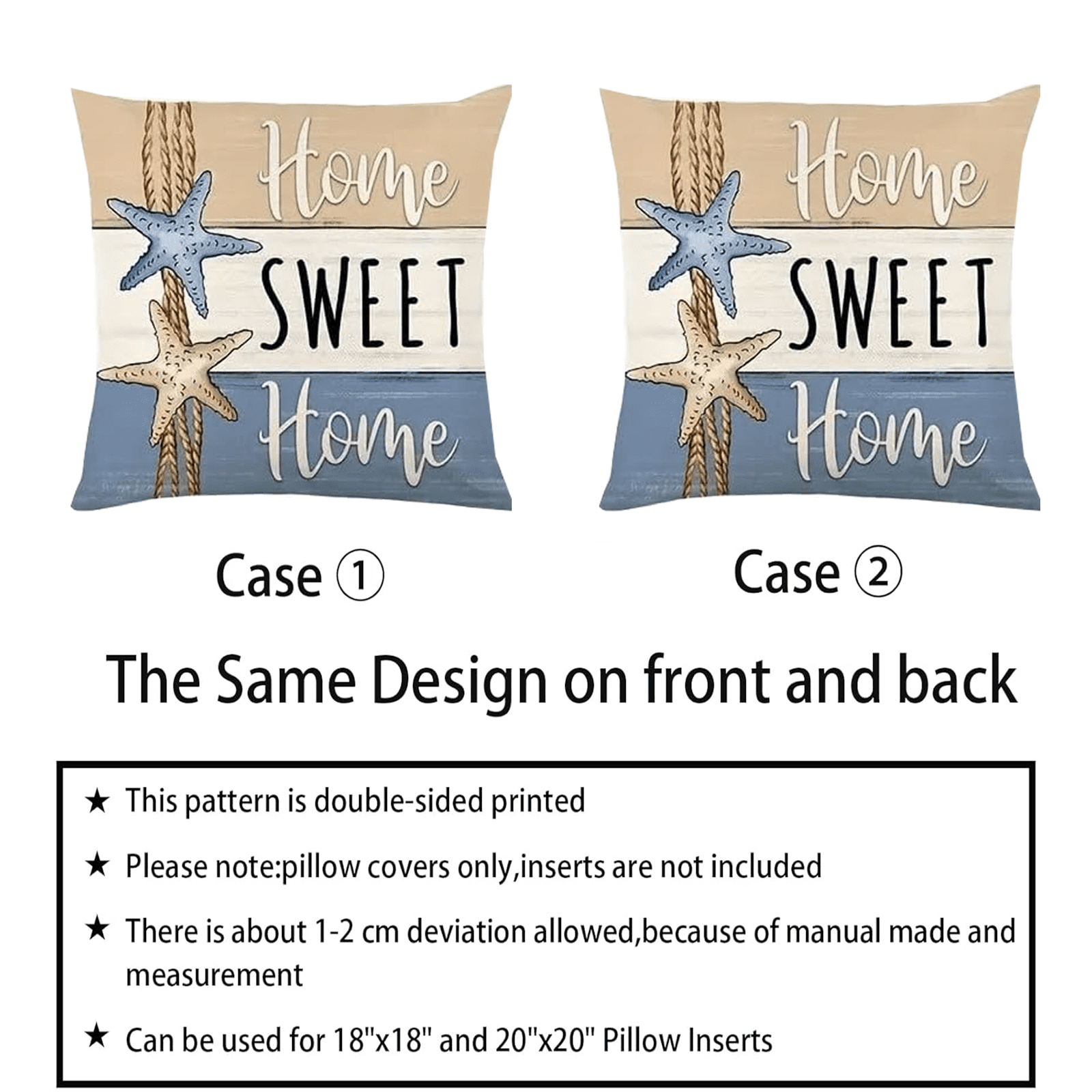 Beach Theme Throw Pillow Covers, 18x18 inches, Set of 4, Coastal Seashell and Starfish Design, Decorative Linen Cases for Living Room