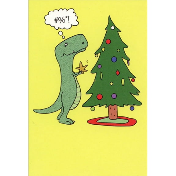Recycled Paper Greetings T-Rex Decorating Tree with Star Funny / Humorous Dinosaur Christmas Card