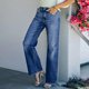 thumbnail image 5 of Pantalones anchos de pierna recta para mujer Bolsillos laterales elásticos de tiro medio Cremallera abotonada Pantalones cómodos Azul oscuro XL, 5 of 8