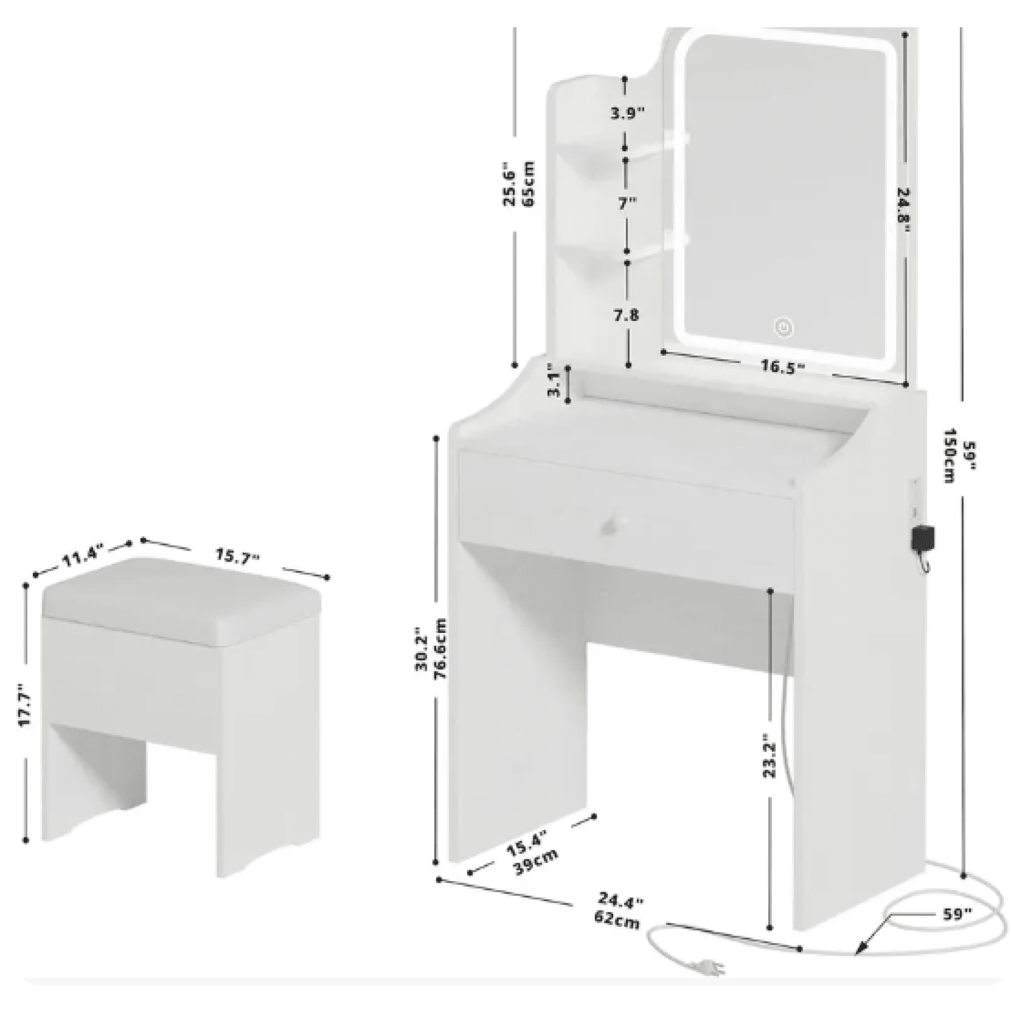 HOQBN White Vanity Set with Mirror and Smart LED,Small Makeup Table Dressing Table with Storage for Apartments,Bedrooms,Living Rooms
