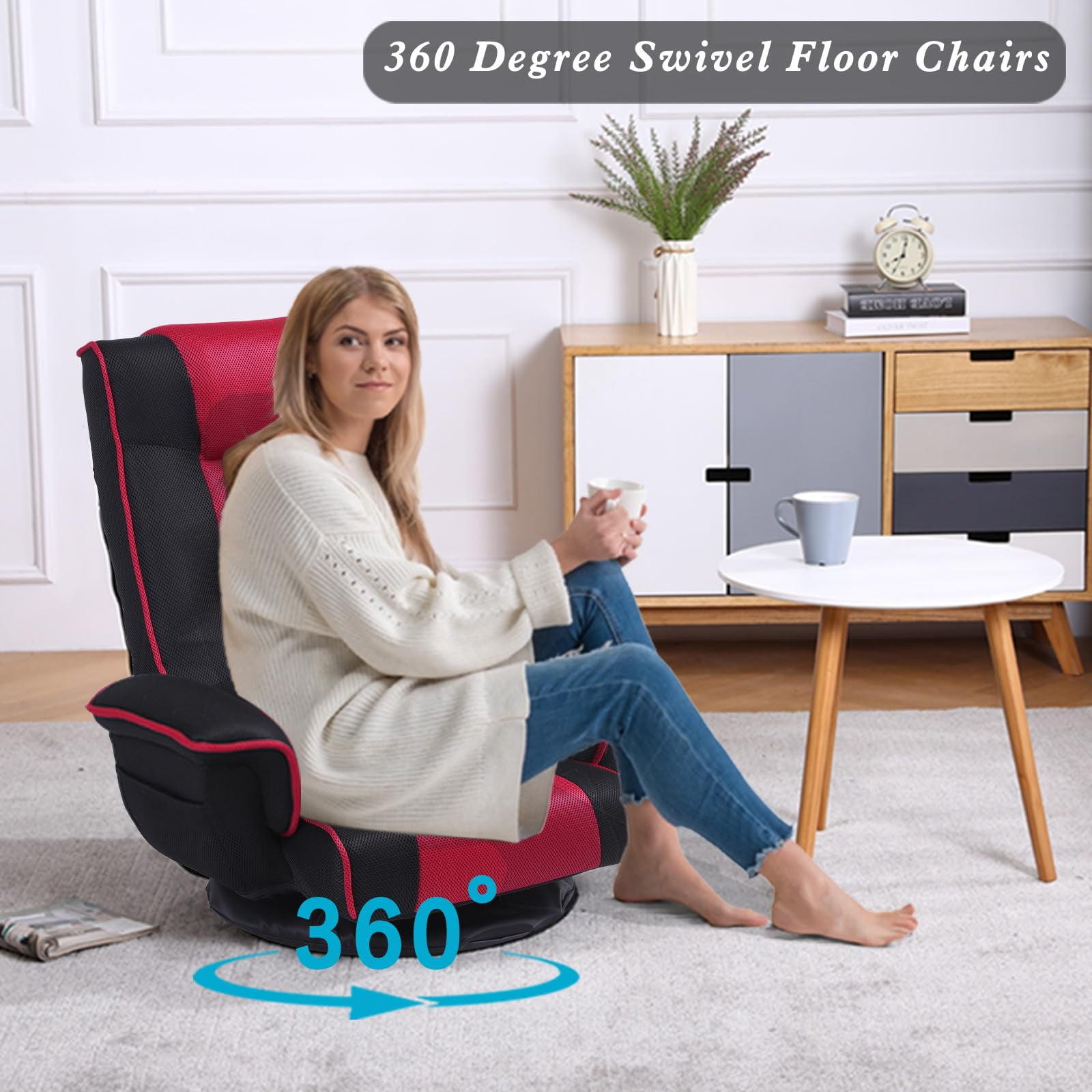 360 Degree Swivel Floor Chairs for Adults, Gaming Floor Chair with Back Support, 14 Angles Adjustable Comfortable Floor Lounge Chair Folding Video Game Chairs Office Bedroom