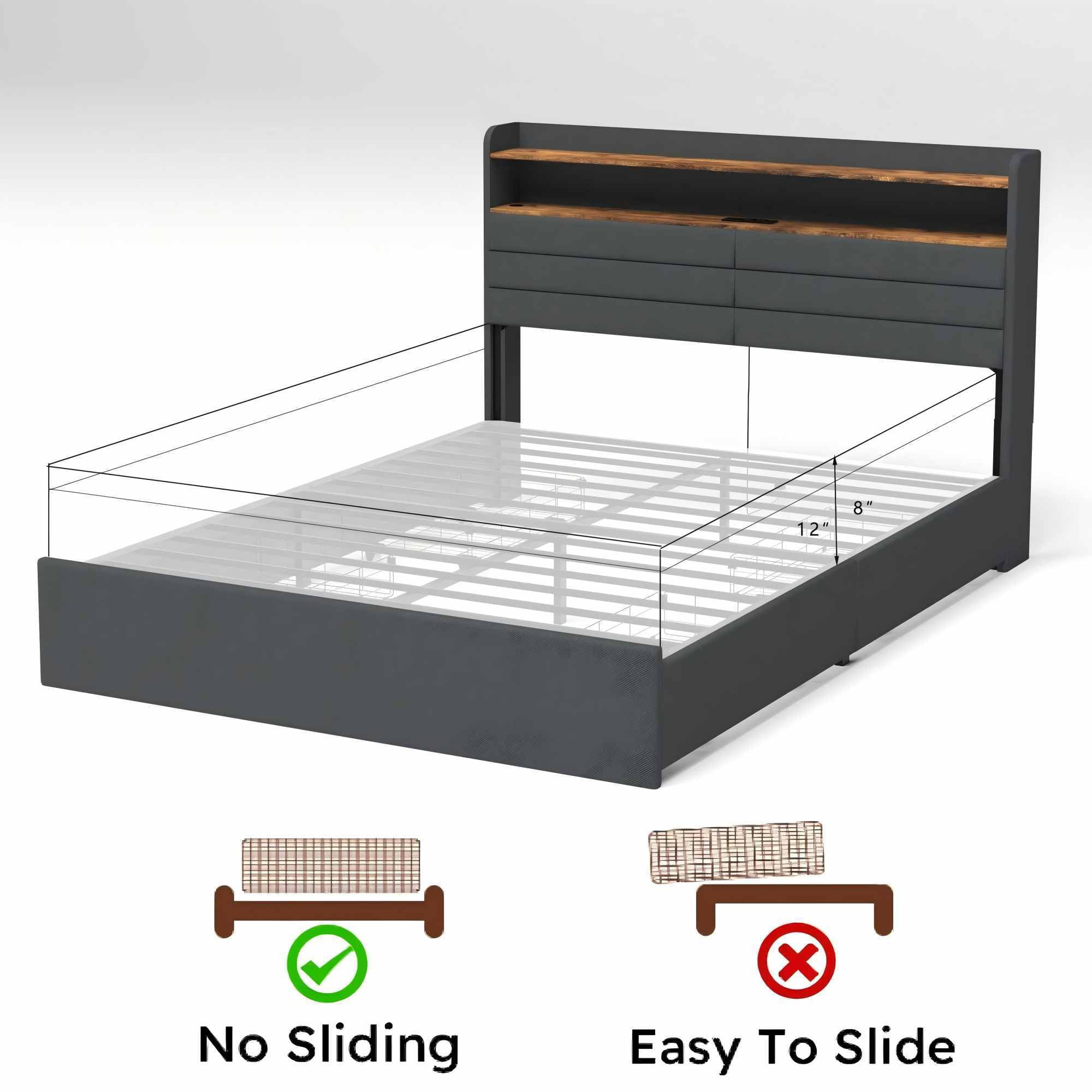 AENKYO Queen Upholstered Platform Bed Frame with Charging Station, Storage Headboard, 4 Drawers, LED Light, Dark Gray