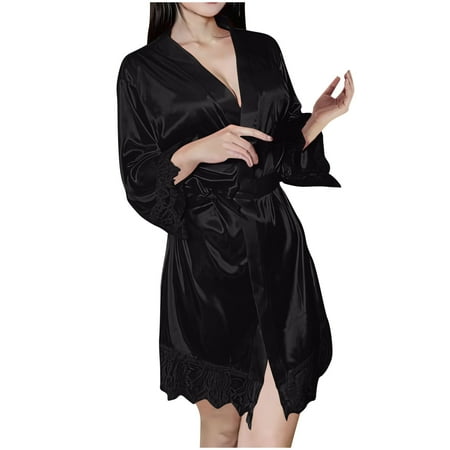 Ctreela Silk Robes for Women Sexy Lace Kimono Lingerie Wedding Bridal Bridesmaid Party 3/4 Sleeve Lace Bathrobe Sleepwear